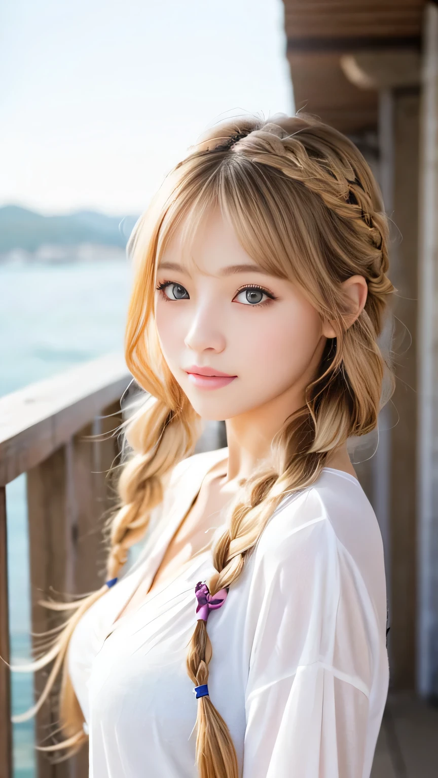 Sexy Big 、Sexy cute looks and cute 15 year old beautiful girl, beautiful and sexy face、A strong wind blows my hair in front of my face、beautiful long blonde French braided hair、beautiful, Cute and sexy eyes hidden behind long bangs