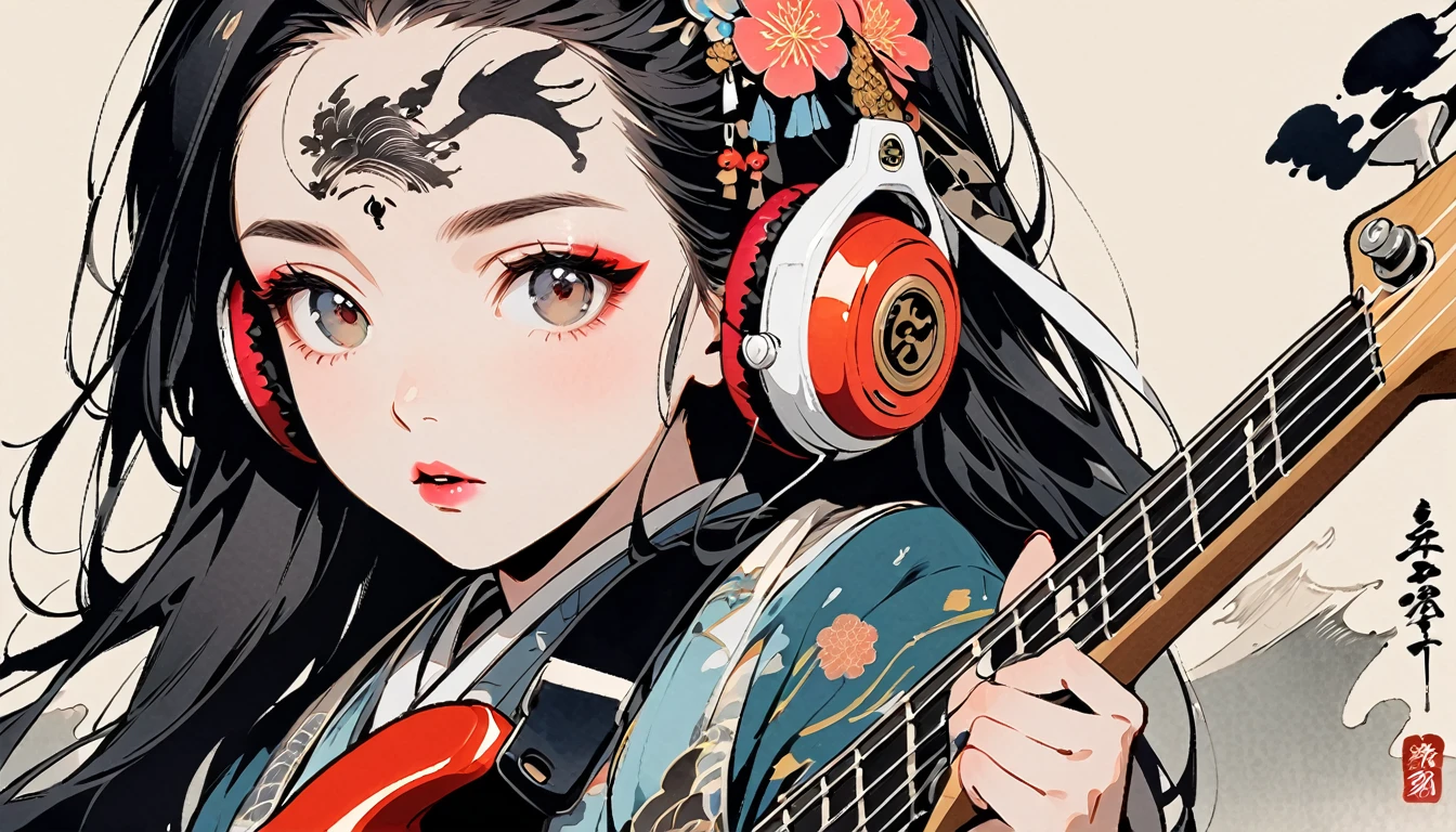 (((Ink Painting))), Fashion portrait color photos, (((1 girl))), (((Playing electric bass))), (((Tattoo in the center of the forehead))), (((Very flashy hair accessories))), (((Very flashy makeup))), Japanese style headphones, front view, Japan人の美少女, Black Hair, Delicate and precise, Modern ukiyo-e style,Japan, Droopy eyes, round face, Fuller lips