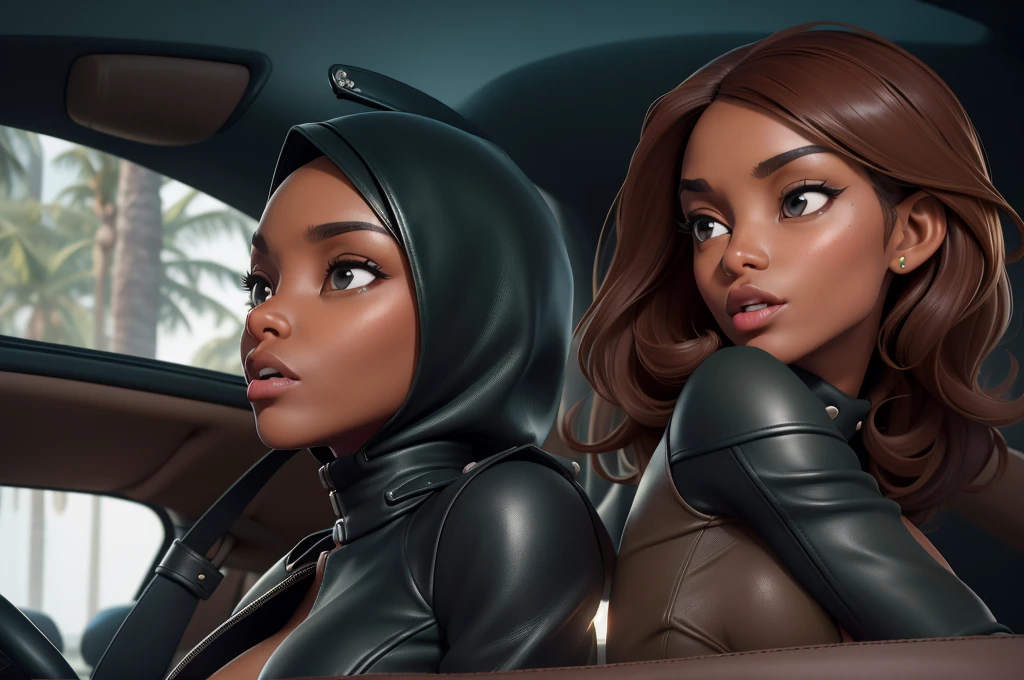 obra prima, melhor qualidade, ((two women only,)) ((ilhan omar, dark black skin, shiny leather hijab,)) looking over shoulder at me, wild eyes, thick wide red lips, open mouth, ((wearing forest green coarse grain leather minidress, leather bomber jacket with padded shoulders,)) (((leather covered tits, tits are very pointed, erect nipples under leather,))) body is very very skinny, skinny tight ass, ((sitting in luxury convertible car, cuddling, kissing,)) (camera view above waist, back view of body,) shallow depth of field, highres, HD, 8k, anatomically correct