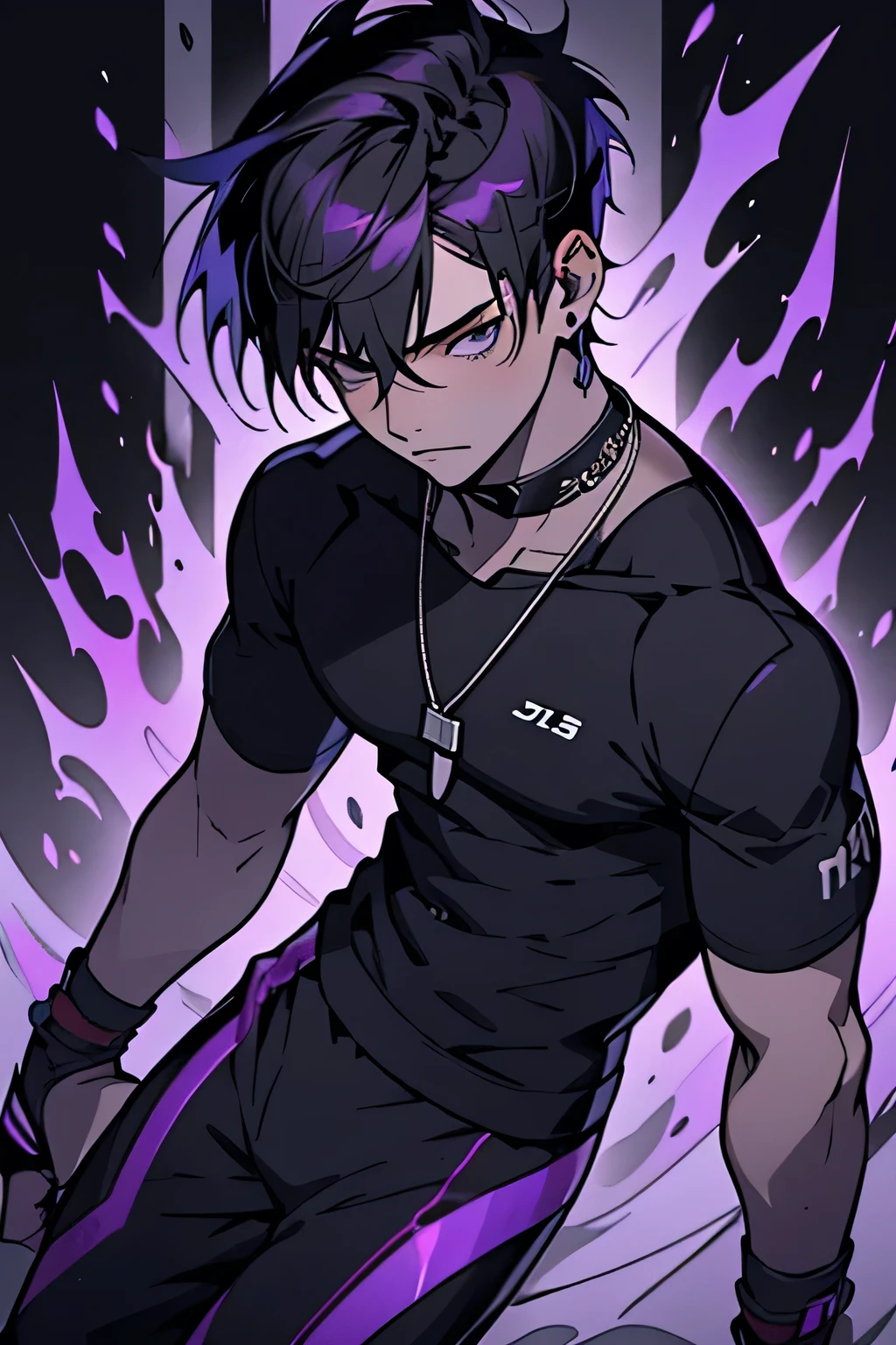 Male gender, attractive boy, handsome young man, 19 years old, dark purple hair, short straight hair, bangs that slightly cover the eyes, black eyes, pale skin, androgynous face, calm expression, black compression shirt, wide black sports pants, purple headphones, silver necklaces, sheet music floating around. Artwork, detailed, anime style.