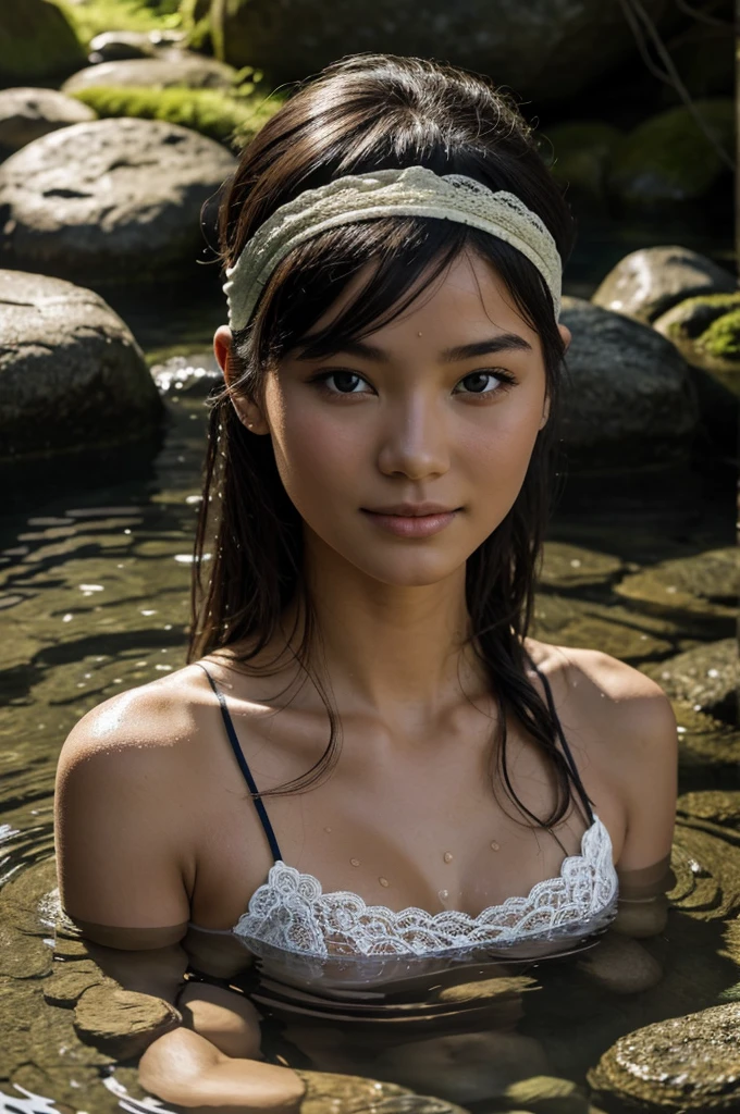 Best Quality, masterpiece, super high resolution, A super model submerged in hot springs in Japan., outdoor hot springs, stone hot springs, surrounded by moss and trees, super beautiful face, pure body, clear pores visible, (smile:0.8), using division (lace headband:1.2), (Realism:1.5), Photo original, soaked body, covered in sweat, bare shoulders, In the dark, deep shadows, low key, cold light