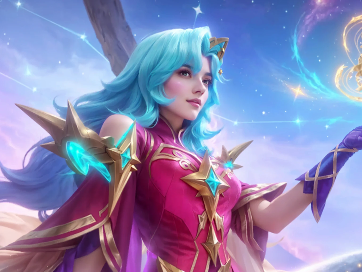 a woman in a pink outfit holding a wand and a star, star guardians, beautiful celestial mage, portrait knights of zodiac girl, astri lohne, star guardian inspired, maya ali as a lightning mage, goddess of galaxies, knights of zodiac girl, zenra taliyah, maya ali as a wind mage, mobile legends, seraphine ahri kda