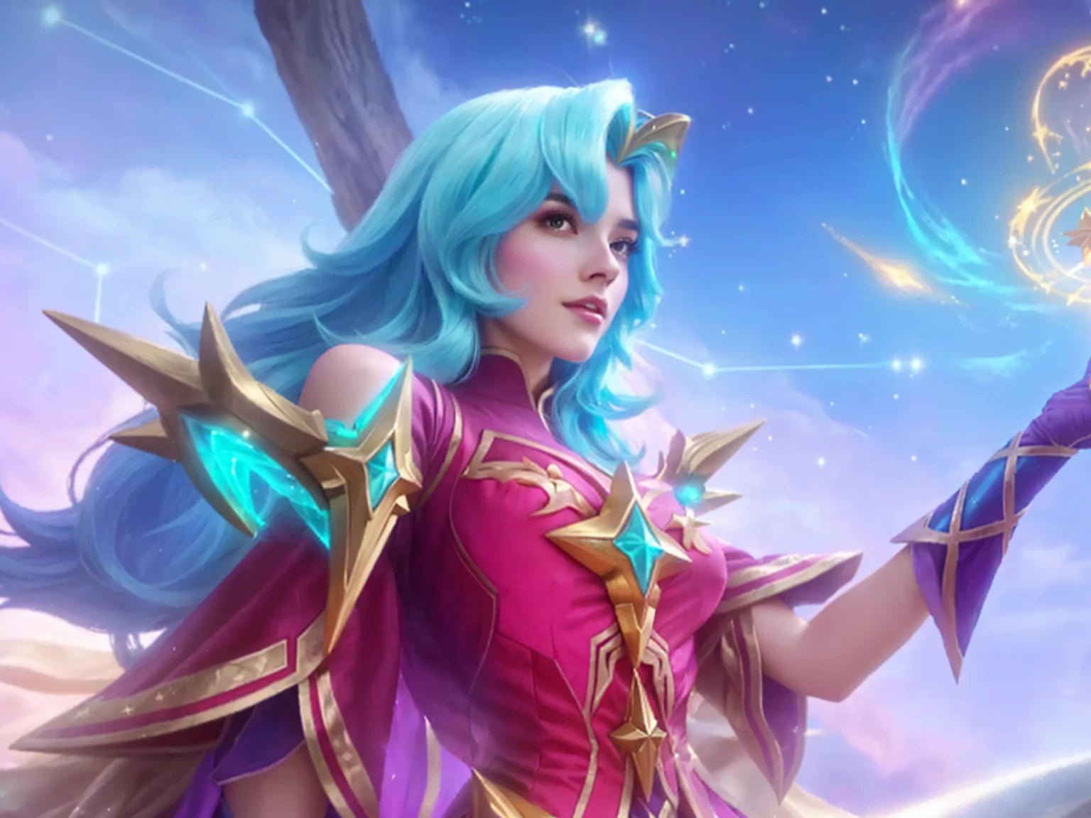 a woman in a pink outfit holding a wand and a star, star guardians, beautiful celestial mage, portrait knights of zodiac girl, astri lohne, star guardian inspired, maya ali as a lightning mage, goddess of galaxies, knights of zodiac girl, zenra taliyah, maya ali as a wind mage, mobile legends, seraphine ahri kda