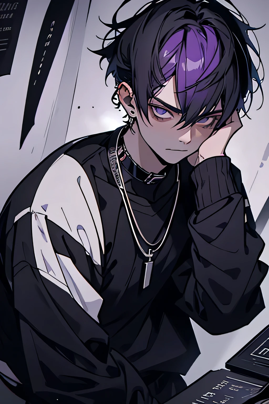 Male gender, attractive boy, handsome young man, 19 years old, dark purple hair, short straight hair, bangs that slightly cover the eyes, black eyes, pale skin, androgynous face, calm face, calm expression, black compression shirt, sports pants wide black, purple headphones, silver necklaces, sheet music floating around. Artwork, detailed, anime style.