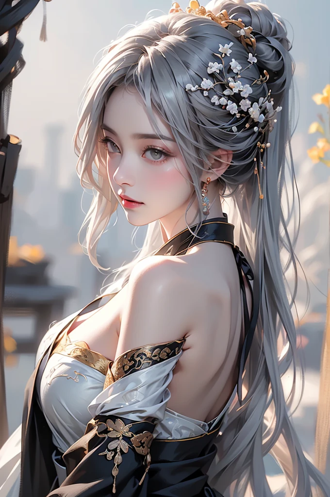 ((Picture from the waist up:1.3))super high quality, masterpiece, Perfect illustration, Very detailed (Exquisite light and shadow, Very dramatic photo,Backlight) , ((Gray Hair:1.5))1 Girl,(( alone:1.6)), (Wearing Han clothes, Black Hanfu,Monotony,Long sleeve、Gorgeous costumes、Highly decorated Hanfu) Flower Field, Flowers, (White smoke:1.3) (Realistic:1.4), Zen Intertwining, Tangled, Official Art, unity 8k wallpaper, Very detailed, Beautiful and beautiful, masterpiece, Highest quality, (Dynamic Angle: 1.4), Glowing Skin, (Floating colorful flashes: 1) The most beautiful chaotic shapes, elegant, Brutalist Design, Bright colors, Romantic Depth of Field Exotic_dance, half_naked、Expose your shoulders、Ample breasts、Great cleavage、Dynamic pose、Backlight,((from back side))
