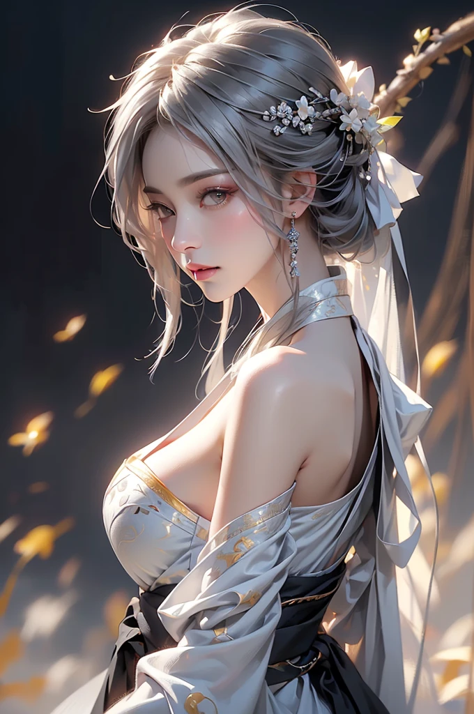 ((Picture from the waist up:1.3))super high quality, masterpiece, Perfect illustration, Very detailed (Exquisite light and shadow, Very dramatic photo,Backlight) , ((Gray Hair:1.5))1 Girl,(( alone:1.6)), (Wearing Han clothes, Black Hanfu,Monotony,Long sleeve、Gorgeous costumes、Highly decorated Hanfu) Flower Field, Flowers, (White smoke:1.3) (Realistic:1.4), Zen Intertwining, Tangled, Official Art, unity 8k wallpaper, Very detailed, Beautiful and beautiful, masterpiece, Highest quality, (Dynamic Angle: 1.4), Glowing Skin, (Floating colorful flashes: 1) The most beautiful chaotic shapes, elegant, Brutalist Design, Bright colors, Romantic Depth of Field Exotic_dance, half_naked、Expose your shoulders、Ample breasts、Great cleavage、Dynamic pose、Backlight,((from back side))
