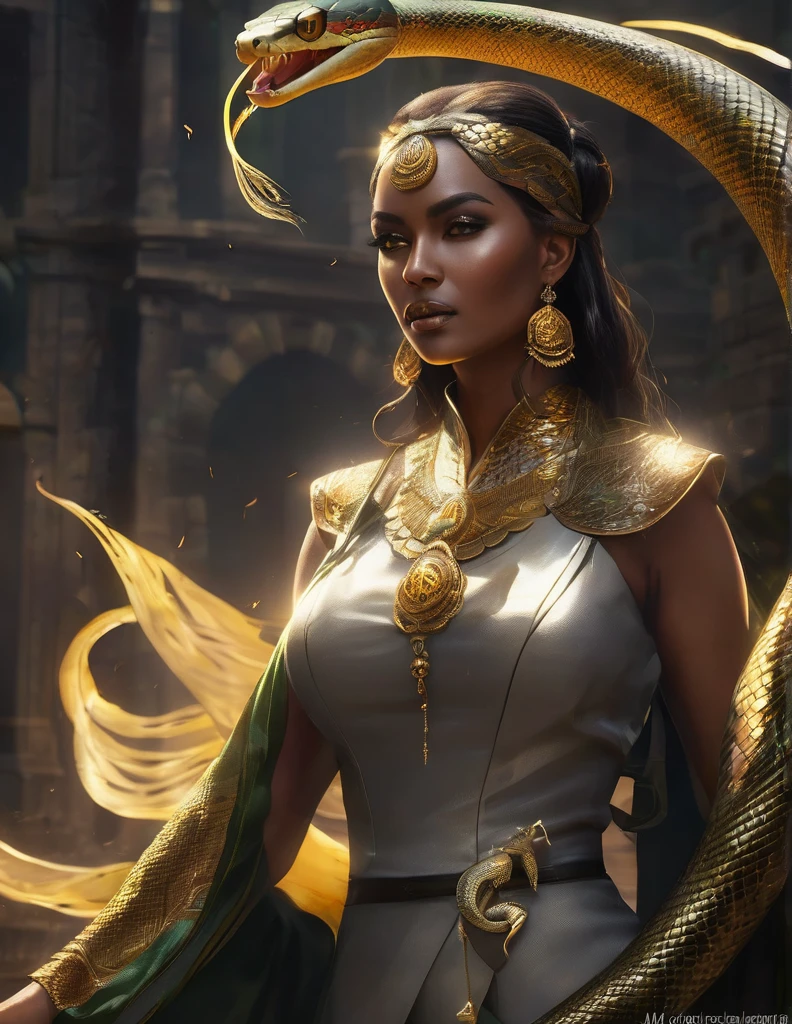 elegant snake priestess, serpentine features, mesmerizing golden eyes with slit pupils, delicate yet stern facial features, hidden venomous fangs, ebony serpent scales visible on her arms, hips, abdomen, regal yet practical robed attire, feline grace with an underlying tension, embodiment of ancient Stygian mysticism, magic and mystery, (best quality,4k,8k,highres,masterpiece:1.2),ultra-detailed,(realistic,photorealistic,photo-realistic:1.37), dark fantasy, cinematic lighting, dramatic colors, atmospheric, chiaroscuro