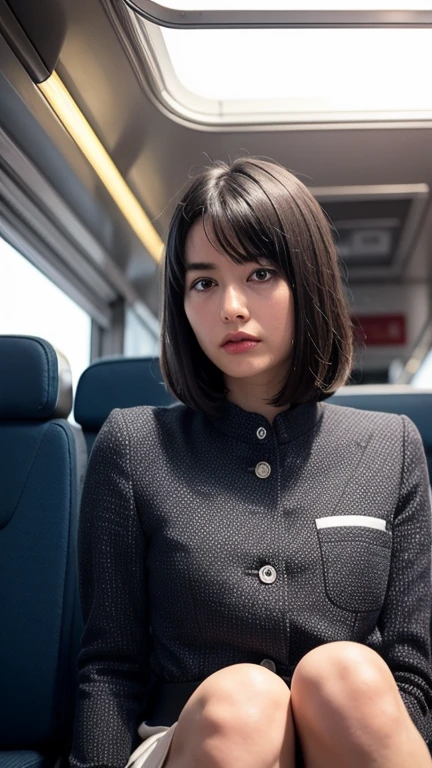 masterpiece, High resolution, Ultra High resolution, 4K, Black Hair, Japanese Girls, Uniform skirt, Accentuate your thighs, White thighs, Soft thighs, Shiny thighs, Sitting on a train, Facing angle, Angle from below, Sitting on a train Seat, Sit in front, Zoom camera to hip joint, Put your feet on the train floor, whole body, Looking down and sleepy, Only watching the audience, Highest quality, Ultra High resolution, Realistic, High resolution, detailed, RAW Photos, sharp, Nikon Film Pictures, Images and Stock Photos, Rich lens color, Ultra-realistic and realistic texture, Dramatic lighting, Unreal Engine,