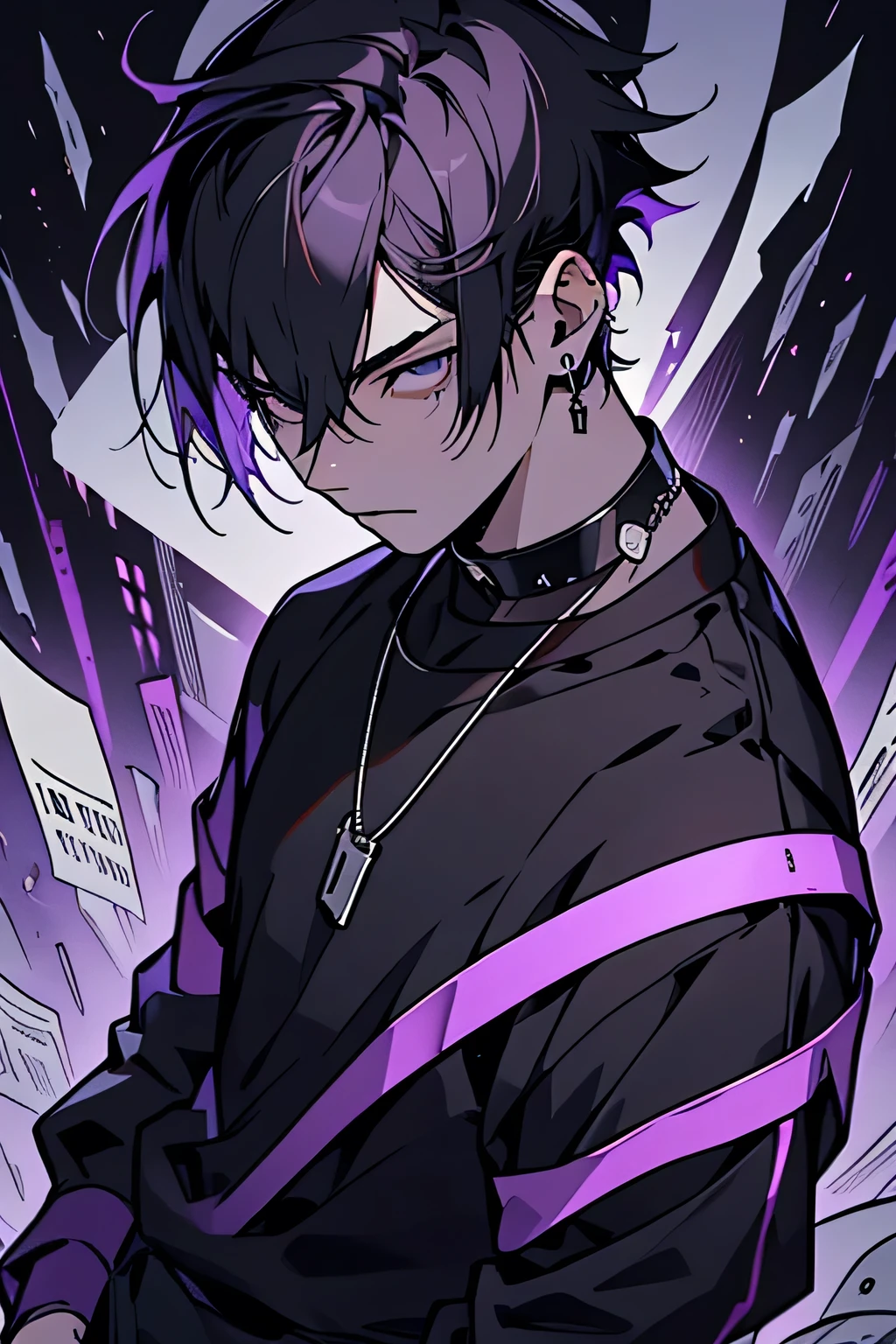Male gender, attractive boy, handsome young man, 19 years old, dark purple hair, short straight hair, bangs that slightly cover the eyes, black eyes, pale skin, androgynous face, calm face, calm expression, black compression shirt, sports pants wide black, purple headphones, silver necklaces, sheet music floating around. Artwork, detailed, anime style.