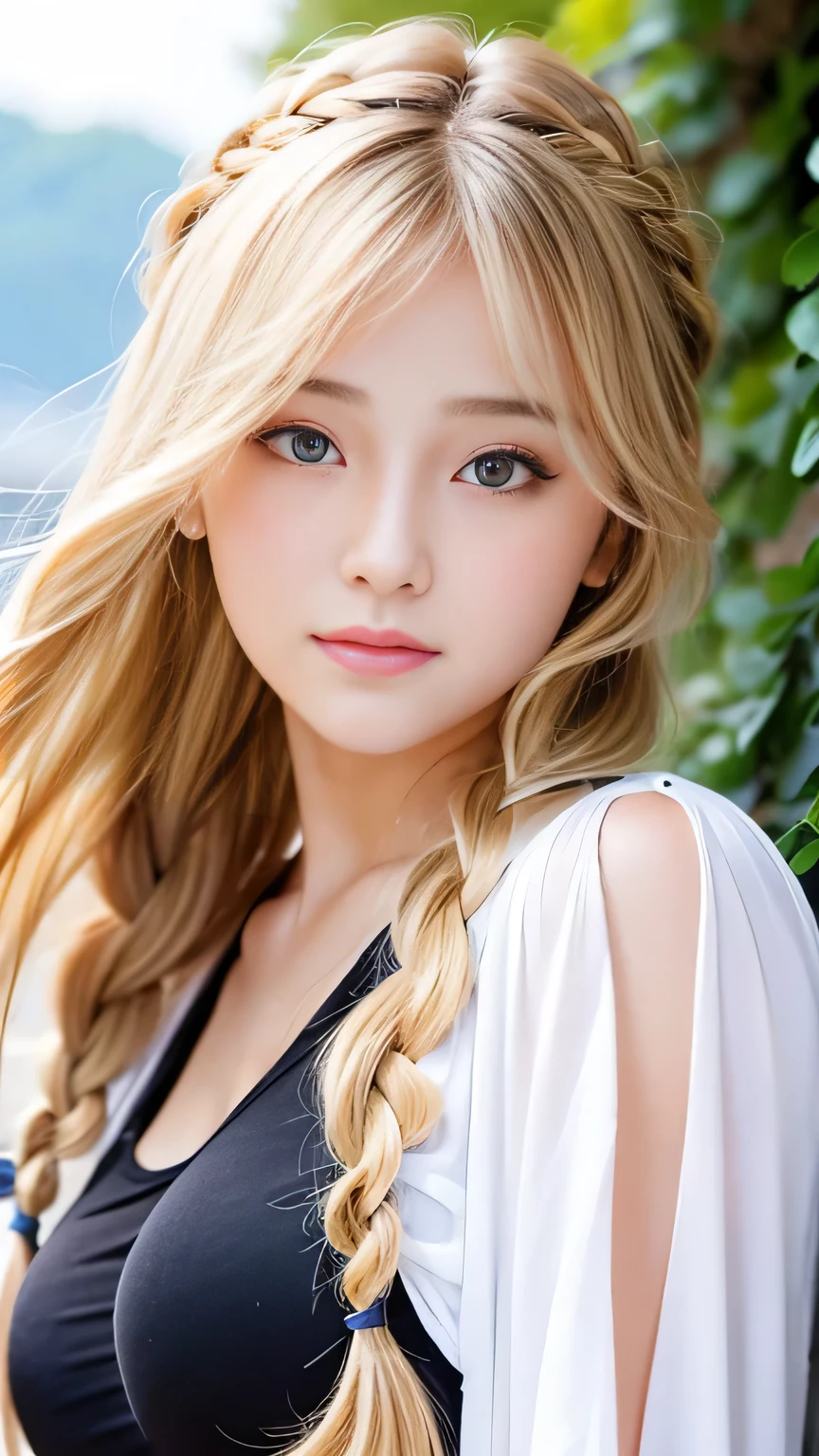 Sexy Big 、Sexy cute looks and cute 15 year old beautiful girl, beautiful and sexy face、A strong wind blows my hair in front of my face、beautiful long blonde French braided hair、beautiful, Cute and sexy eyes hidden behind long bangs