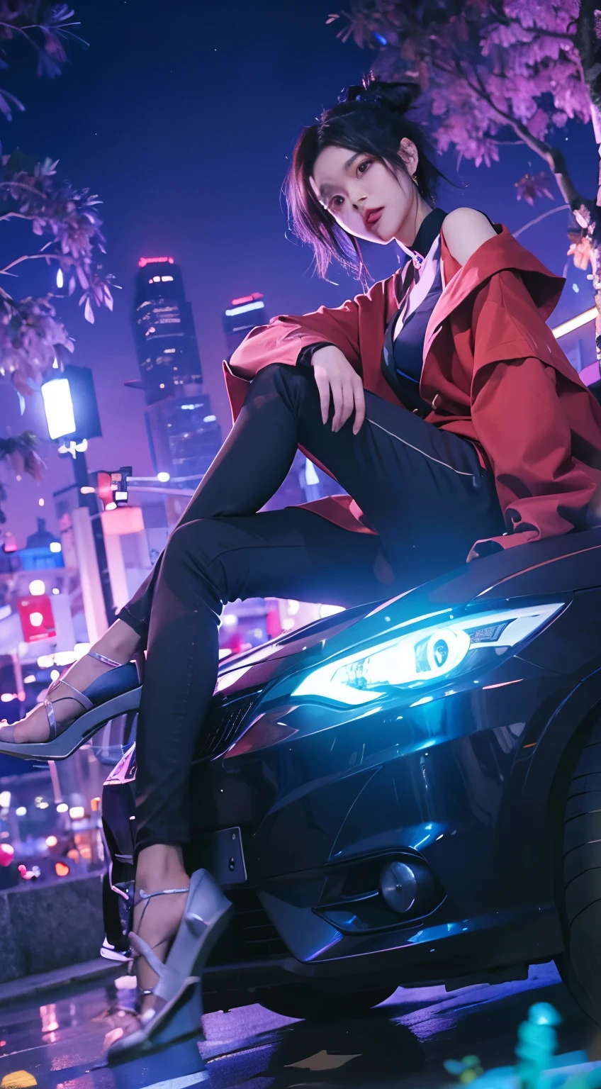 Shinobu kocho, demon slayer, black gradian blue hair, sit above a car, modern city background, detailed hand:1.4, detailed face:1.4, detailed eyes:1.4, chinematic light effect, ultra-realistic, ultra-detailed, bestquality, masterpiece.