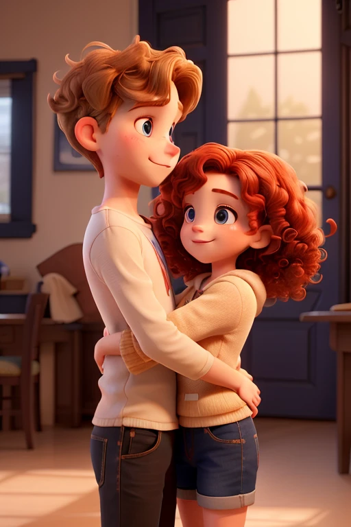 A redhead with curly hair, short. Will be hugging a boy. The boy is blonde with straight hair. They both wear going out clothes.