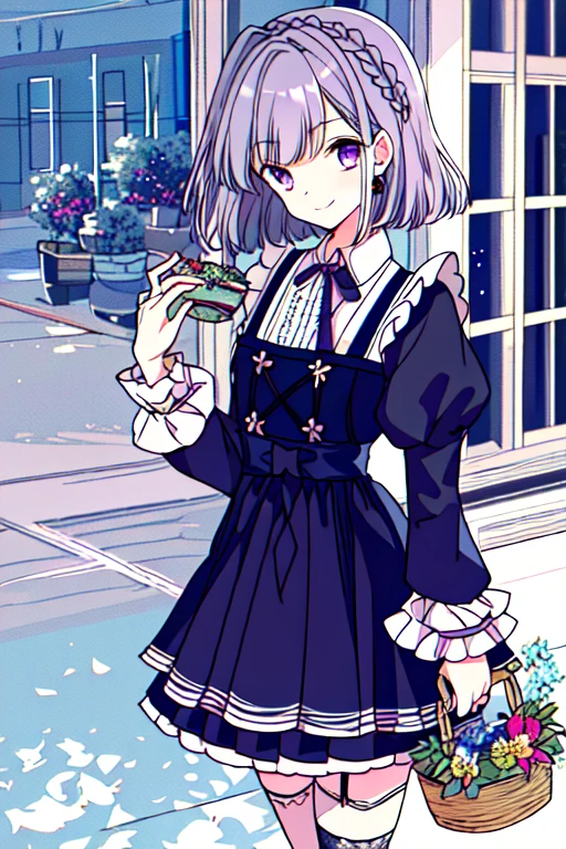 garter belt, apron, Hair on one eye,  Multiple Girls, basket，Displaying the viewer, Upper Leg, Long sleeve, , Have, ＪＫ, Carly,  Two Girls, Purple eyes, chest, Letterbox, Frills, Mouth closed, cross, smile, Black Dress, short hair, White Hair, Puff sleeves, bangs,,flower, Solo Focus, Juliet Sleeve, ribbon, Gray Hair, Purple Hair, jewelry, One boy, holding basket, French Braid