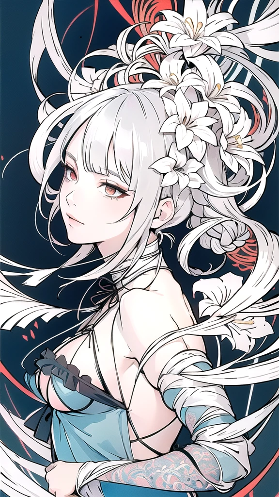 Official Art, unity 8k wallpaper, Very detailedな, Beautiful yet fleeting、beautiful, masterpiece, Highest quality,White lily (zenTangle, Mandala, Tangle, enTangle), Flower Ecstasy, One Girl,((Light clothing)) Very detailed, Dynamic Angle, Tie-up silver hair, The most beautiful form of chaos, (())elegant, Brutalist Design, Vibrant colors, Romanticism, James Jean, Robbie Dawi Anton, Ross Tran, Francis Bacon, It was very cold, Petra Cortright, Gerhard Richter, takato yamamoto, Ashley Wood, Atmospheric((All white clothing))