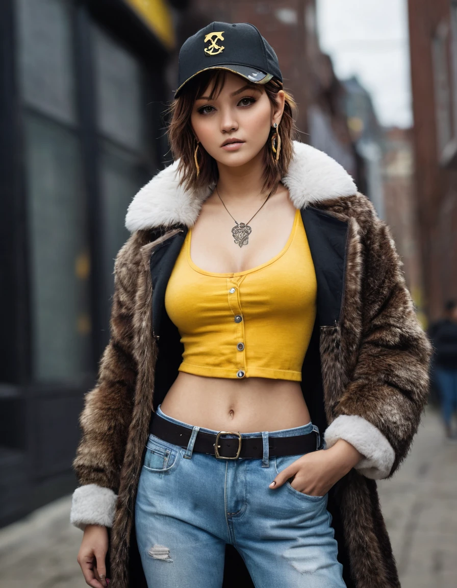 masterpiece, best quality, 8k,highest res, absurdres, extremely detailed, female trafalgar law, 1girl, with long brown hair,1 sword, solo, looking at viewer, short hair, medium breasts, hat, navel, cleavage, collarbone, earrings, midriff, pants, coat, fur trim, denim, jeans, shoulder tattoo, hand tattoo, finger tattoo, black fur-trimmed coat, coat on shoulders, yellow tank top,///,