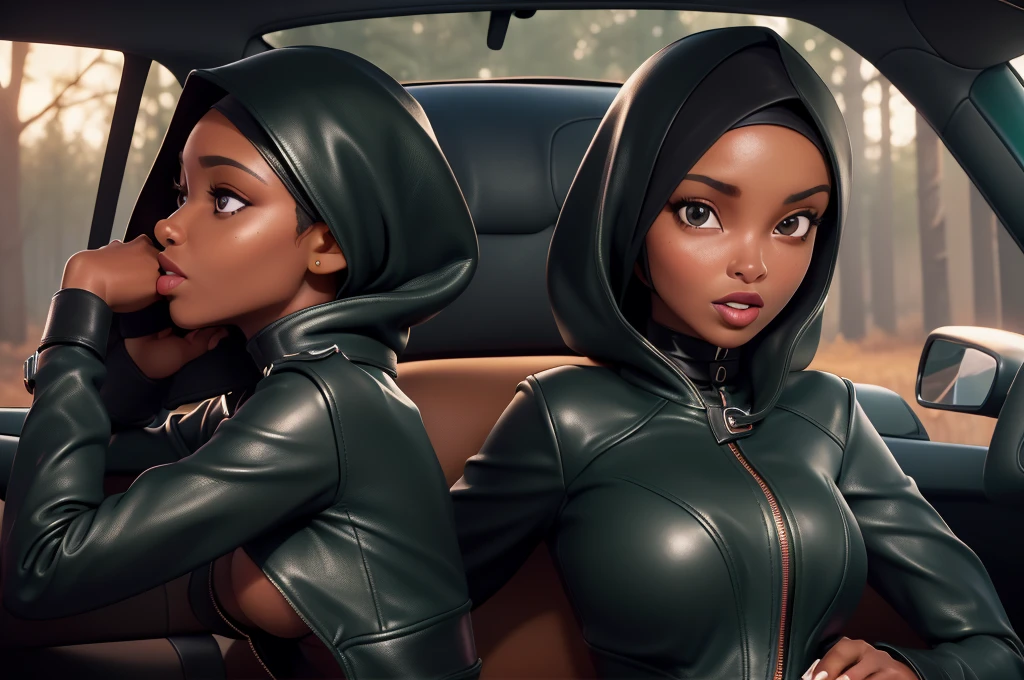 obra prima, melhor qualidade, ((two women only,)) ((ilhan omar, dark black skin, shiny leather hijab,)) looking over shoulder at me, wild eyes, thick wide red lips, open mouth, ((wearing forest green coarse grain leather minidress, leather bomber jacket with padded shoulders,)) (((leather covered tits, tits are very pointed, erect nipples under leather,))) body is very very skinny, skinny tight ass, ((sitting in luxury convertible car, cuddling, kissing,)) (camera view above waist, back view of body,) shallow depth of field, highres, HD, 8k, anatomically correct