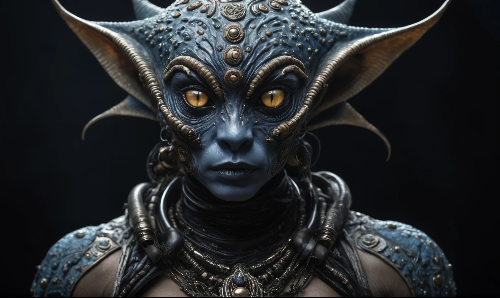 full body length shot,nerd graphite Alien Entity,native africa slave ,azctec Finnish Lapland,Cinematic,soft colors, Technicolor,natural skin textures, hyper realism, hyper detailed,Extremely detailed,High contrast,Masterpiece,Realistic,Ultra Detailed, intricate details,realistic humid leather,extremely intricate details,Epic Realistic, cinematic style, irina yermolova,high contrast,hdr,extremely detailed,day landscape,masterpiece, intricate details, eyes extremely detailed, high detailed eyes,8k resolution,retina, Nikon Z9,Korea,orc,Egypt, Pisces, transition between two art styles,full body length, Double contact, X-ray, Creative, vivid light, fantasy, Abstract, Surrealism, super detailed, high resolution,insanity national folk wear,skin almost translucent, gothic elements,Mestichino,Light particles,chaos,starfish's leather,"(The best lighting, dark, dramatic),(alien cat half-skull fetus, Hellraiser, Scars, , poison brain, , a rat inside the head, terror.),(fish eyes, calaveras