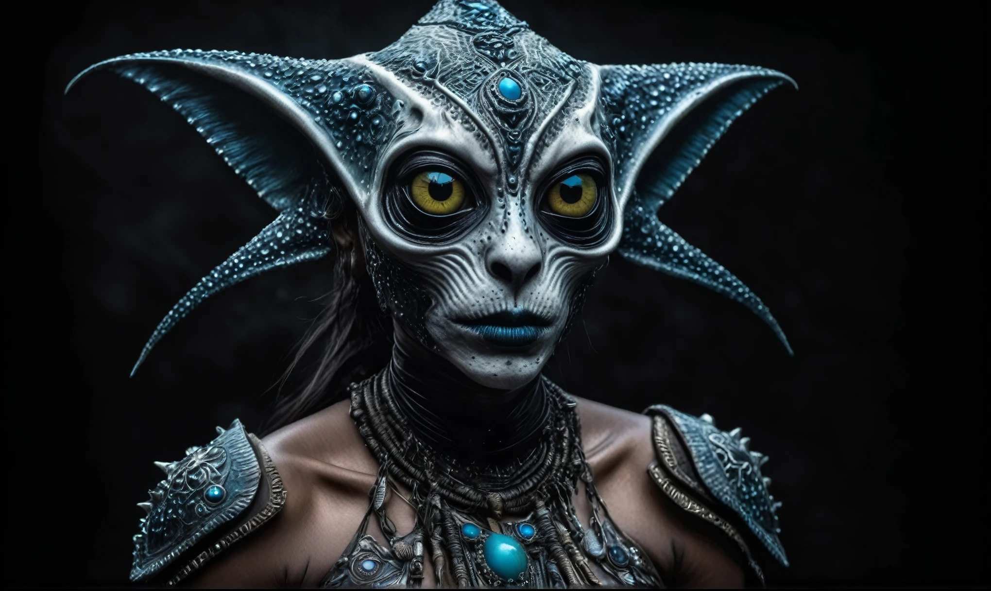 full body length shot,nerd graphite Alien Entity,native africa slave ,azctec Finnish Lapland,Cinematic,soft colors, Technicolor,natural skin textures, hyper realism, hyper detailed,Extremely detailed,High contrast,Masterpiece,Realistic,Ultra Detailed, intricate details,realistic humid leather,extremely intricate details,Epic Realistic, cinematic style, irina yermolova,high contrast,hdr,extremely detailed,day landscape,masterpiece, intricate details, eyes extremely detailed, high detailed eyes,8k resolution,retina, Nikon Z9,Korea,orc,Egypt, Pisces, transition between two art styles,full body length, Double contact, X-ray, Creative, vivid light, fantasy, Abstract, Surrealism, super detailed, high resolution,insanity national folk wear,skin almost translucent, gothic elements,Mestichino,Light particles,chaos,starfish's leather,"(The best lighting, dark, dramatic),(alien cat half-skull fetus, Hellraiser, Scars, , poison brain, , a rat inside the head, terror.),(fish eyes, calaveras