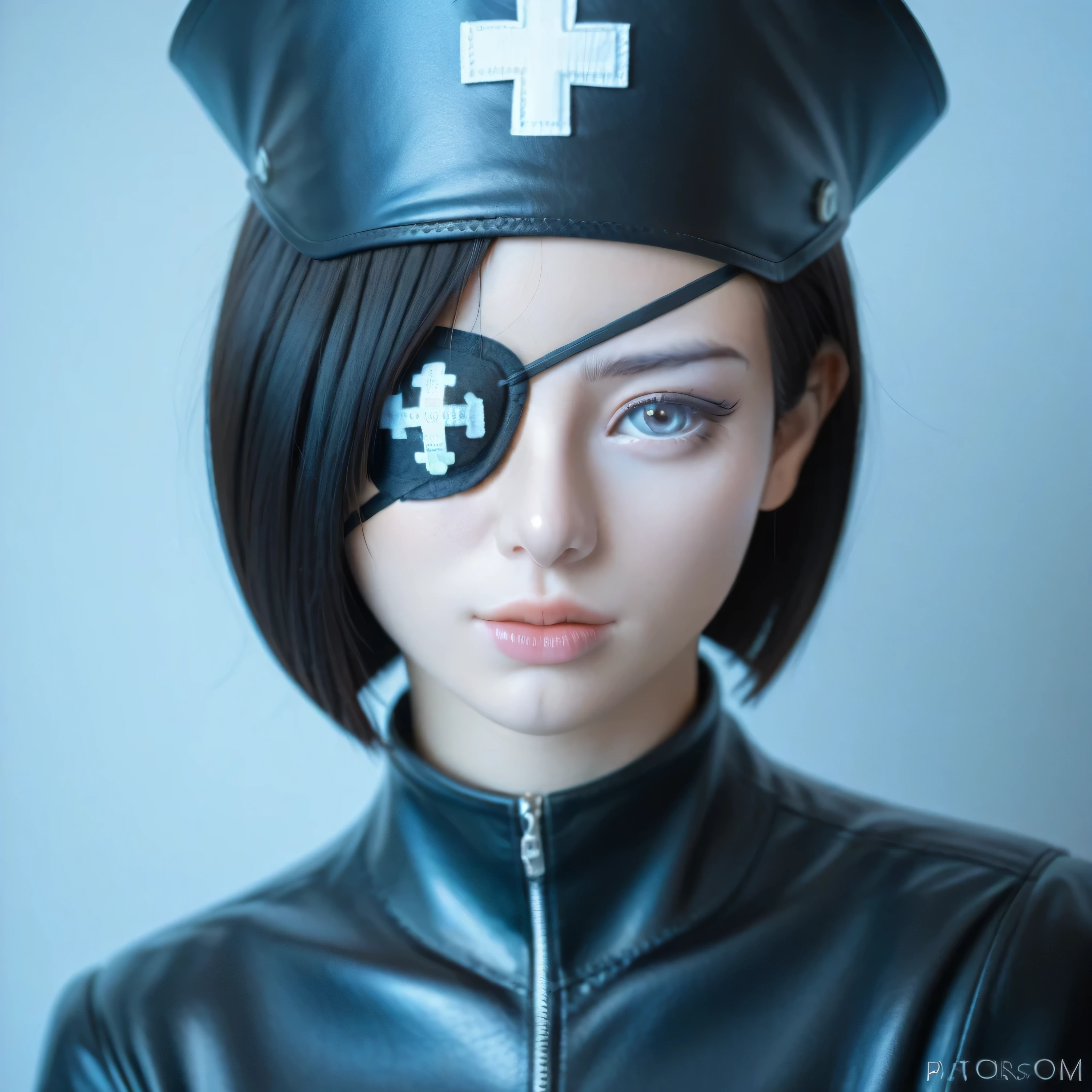 score_9, score_8_up, score_7_up, score_6_up, score_5_up, score_4_up, (Wear a black leather eyepatch over one eye:1.9)、white_sexly_tight_Dressed in nurse clothes、Young_Very beautiful woman、Flashy makeup、wind、女王様wind、Highly detailed facial features、Detailed thick lips、Detailed skin that reflects light、Ideal body type、Nurse cap、Has a huge syringe、Captivating look、In front of a dark basement、Realistic、 8k、 Super detailed、 Cinema Lighting、 Dramatic Shadows、 Cold Tones、portrait photo, woman