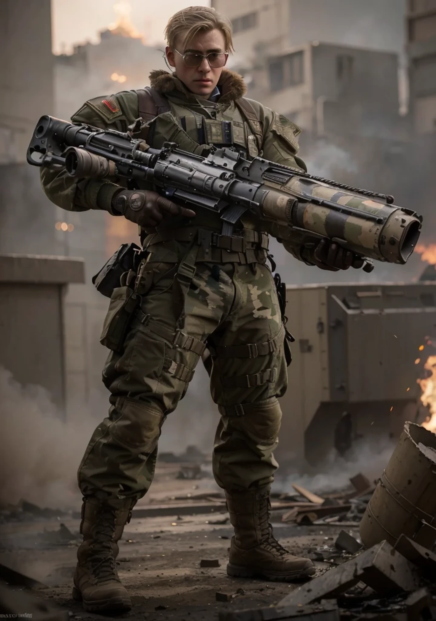 Male soldier, Russian features, very short blonde hair, military cut, tactical glasses, dark red Soviet style military uniform, leather gloves, carries a rocket launcher, It is in a totally destroyed North American, fire smoke, destroyed tank, realistic, 4k, Ultra detailed image, realistic, Highly detailed, perfect composition, splendid, Intricately detailed, Incredibly detailed, 8 k artistic photography, hyper detailed, Masterpiece, Ultra detailed