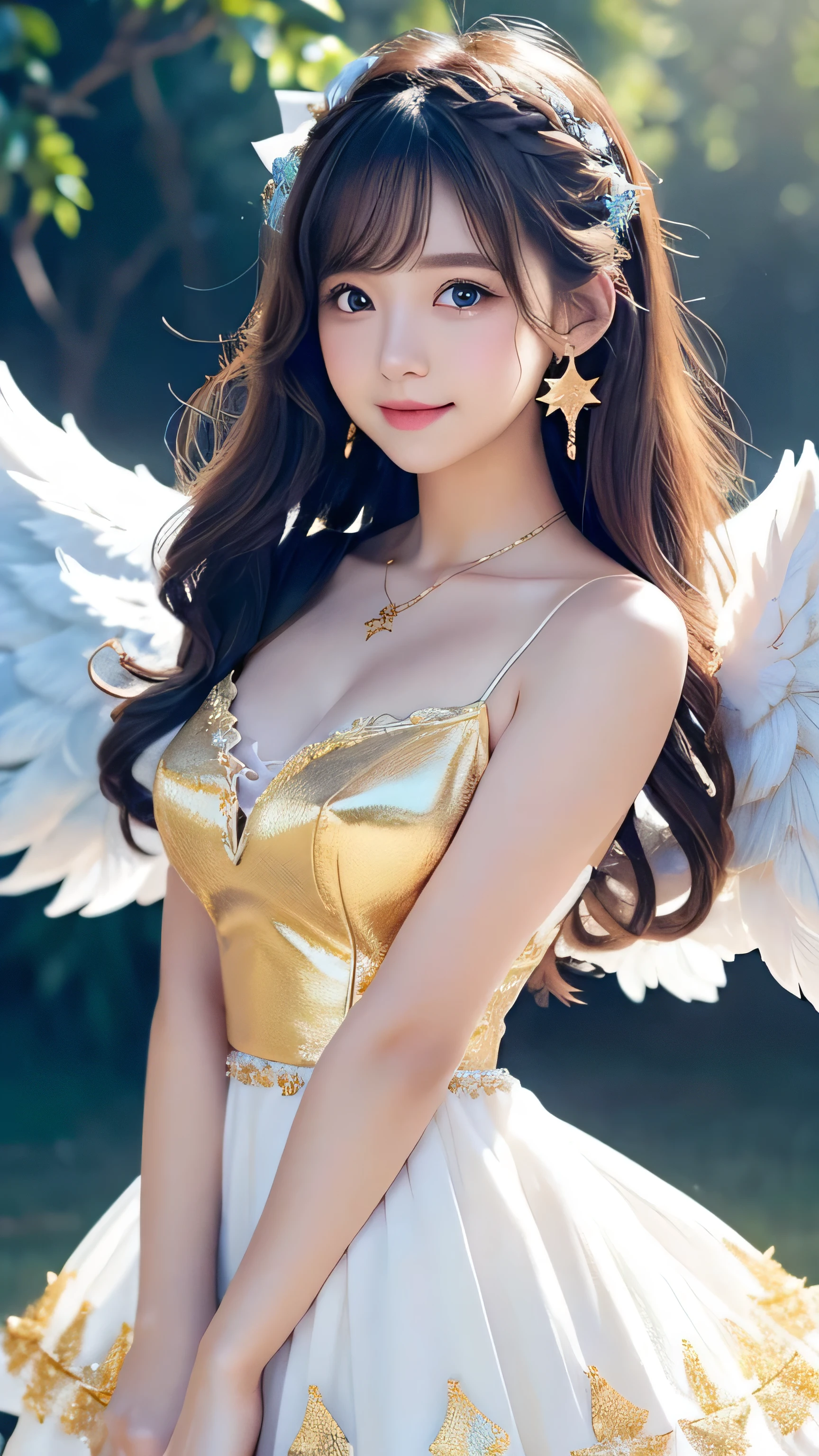 Create an ultra-cute and enchanting depiction of Michael, the archangel, transformed into an irresistibly adorable moe character.
**Overall Appearance**:
- **Height**: Michael stands at an average height for a young woman, around 160 cm, with a and well-proportioned body. Her figure is slender yet curvy, exuding a blend of youthful charm and grace.
- **Skin**: Her skin is porcelain smooth and glows with a soft, ethereal light. It's flawless, with a slight blush giving her cheeks a rosy hue.
- **Wings**: She has large, fluffy white wings that add to her angelic appearance. The wings are soft and feathery, glowing with a gentle light.
**Facial Features**:
- **Eyes**: Her eyes are large and sparkling, with a captivating blue hue. They are framed by long, fluttery eyelashes that enhance her innocent and enchanting gaze.
- **Hair**: Michael's hair is long and golden, cascading down to her waist in soft, wavy locks. It shimmers like spun gold and is often adorned with small, glowing star-shaped accessories.
- **Expression**: She has a sweet and gentle smile that radiates warmth and kindness. Her expression is always cheerful and inviting.
**Attire**:
- **Clothing**: Michael wears a moe-style outfit that blends traditional angelic attire with modern cute fashion. Her dress is a soft, pastel blue with white frills and lace trim. The bodice is fitted with a large, adorable bow at the waist.
- **Accessories**: She wears a delicate halo above her head that glows softly. Her jewelry includes a pair of small, gold star-shaped earrings and a matching necklace.
**Illustration Image**:
- **Background**: Set in a heavenly realm with fluffy clouds, a radiant blue sky, and beams of golden light. The background features celestial elements such as floating islands, small angels, and ethereal flowers that enhance the magical and divine atmosphere.
- **Color Palette**: Dominated by soft pastels and gold, with accents of white and blue to highlight her angelic nature.
**Enviro