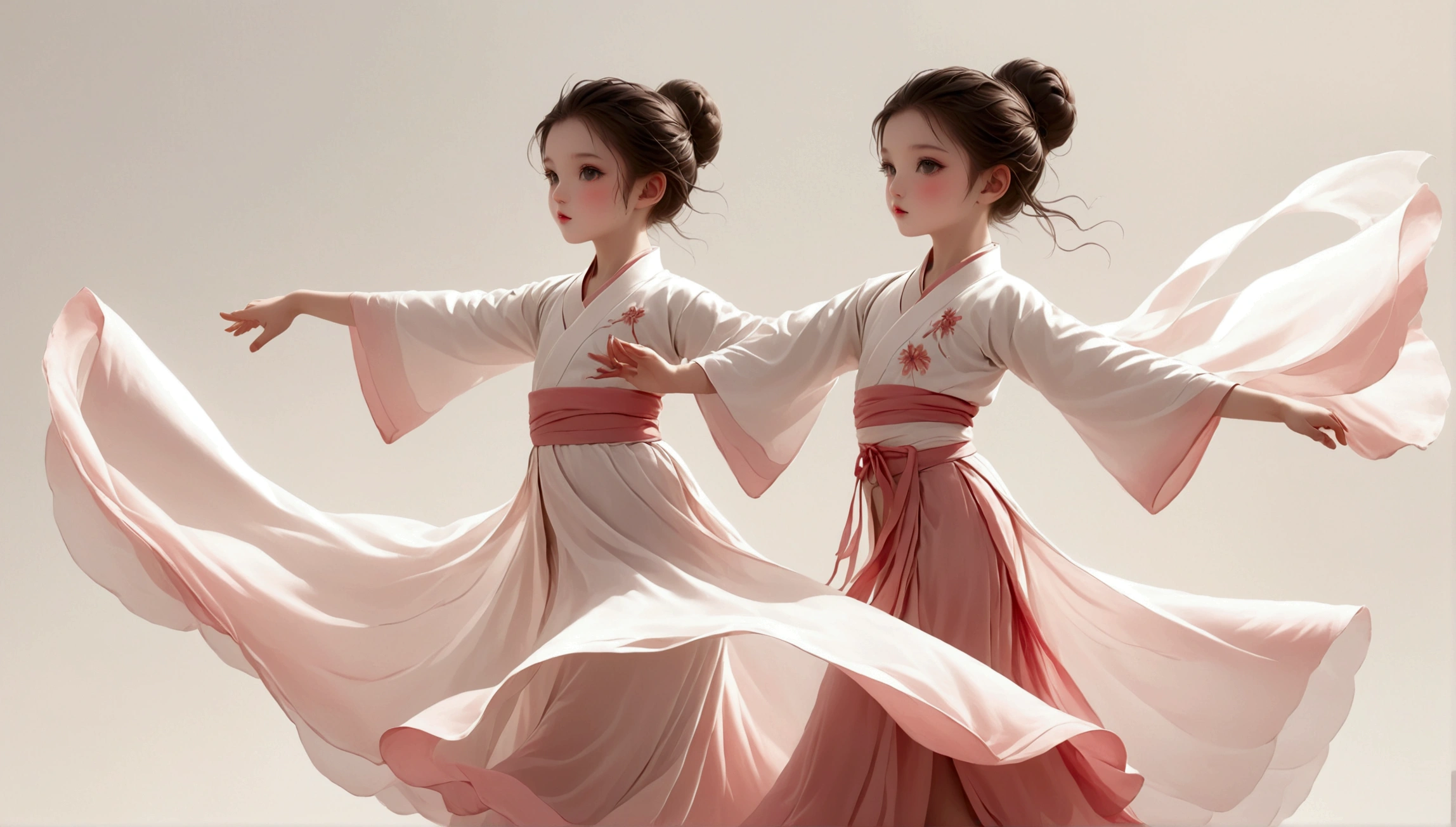 Dance photography;A dancer;A little girl in a gorgeous long dress,Princess dress,Chinese style skirt,pink,Conservative style,Smudged skirt hem;The movements of the dance;Long hair shawl。Full body view,front; Simple style;Minimalism。White background,Pure white background;Panoramic photography;Depth of Field, Extraordinary details, masterpiece, high quality, 4K,