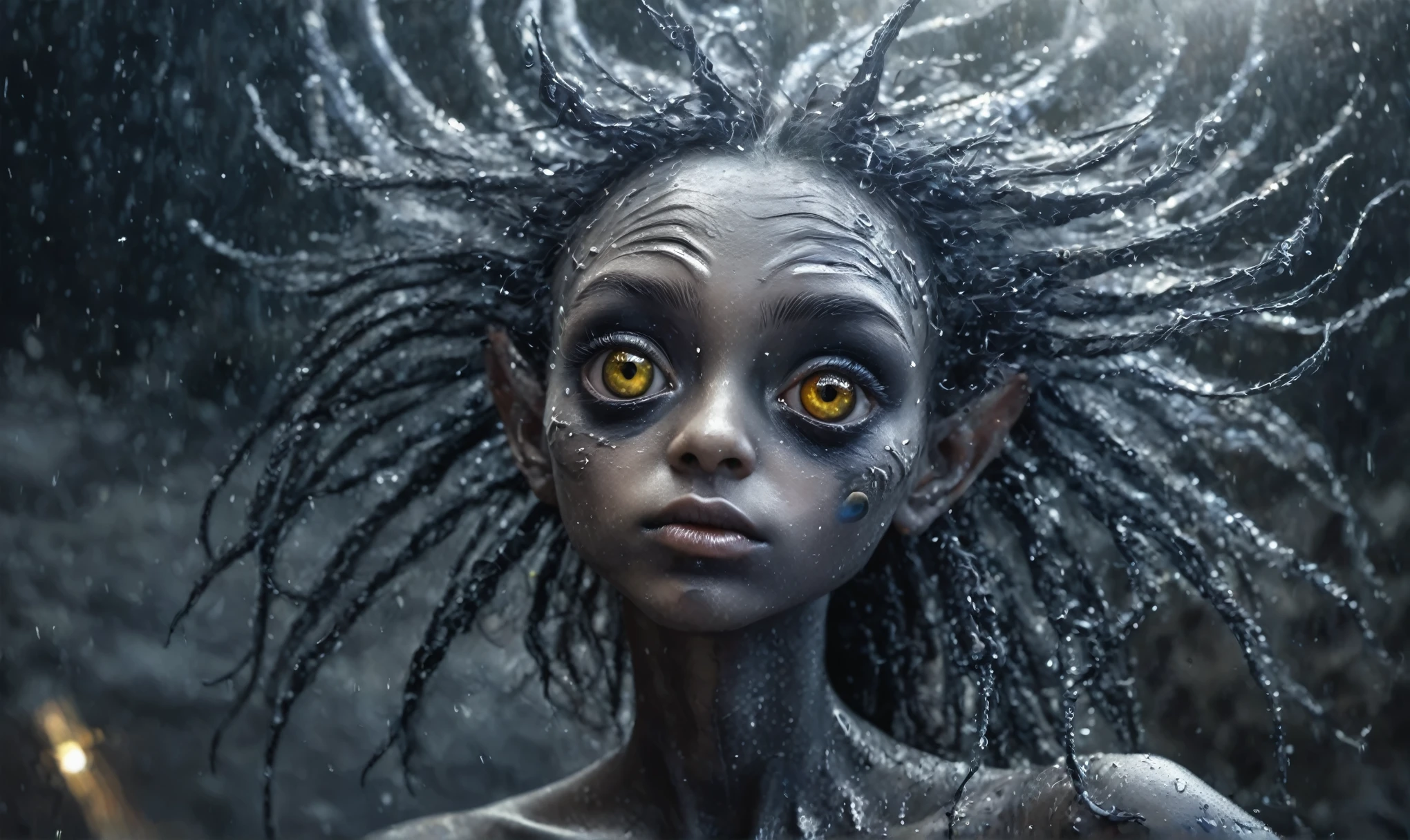 pretty face,eyebrow up,full body length shot,obsidian elf,full body length shot,very beggar niobium graphite The Alien Entity, babychild, wants eat,full body shot, of psychedelic style ,The iris looks weird, attractive, The stars in space is reflected in the pupil, goose down eyelashes, long wavy luminescent hair,insane baggy clothes,view from height,full-body-shot,High contrast,Masterpiece,Realistic,Ultra Detailed,intricate details,realistic humid skin,extremly intricate,realism,photorealism, cinematic style,irina yermolova,HDR,((Wangechi Quality)),ominous landscape,glate gray atmosphere,by art Simon Stalenhag,Nicola Samori,(((Wangechi Mutu))),prime colors,urban,extremely detailed,masterpiece,intricate details,faded,eyes extremely detailed, high detailed eyes,4k resolution,RAW, Nikon Z9,scary town,stalker,goblin,Dubai of United Arab Emirates,Mestichino,Light particles,marble leather ,ink photography ,Mestichino,Light particles,chaos