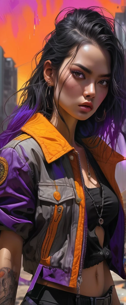 dark and torn, 1 young beautiful muscular body, fierce expression, holding a gun, (colors in your clothes, warm, orange, yellow, violet:1.3), standing in a desolate wasteland, Dramatic lighting, intense shadows, sandy texture, tall contrast, vibrant colors, dynamic pose, powerful posture, rough background, explosive atmosphere, dystopian theme, surreal elements, digitally painted illustration, High definition resolution, intricate details, dramatic composition, avant-garde and chaotic brushstrokes, Gothic style, intense emotions, epic scale, raw and gritty feeling, Captivating and provocative works of art..