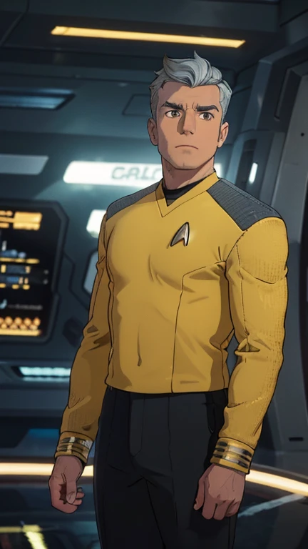 (European: Teens: 1male,clark,StudioGhibliStyleHMC,yellow top,black pant), (extremely detailed CG unit 8k wallpaper),(master part), (best quality), (ultra detail), (best illustration), (cinematic lighting), cowboy shot, (Sharp eyeliner, detailed eyes:1), dark star trek Starship bridge indoors background, break , (snwnrs uniform), very short hair, grey hair