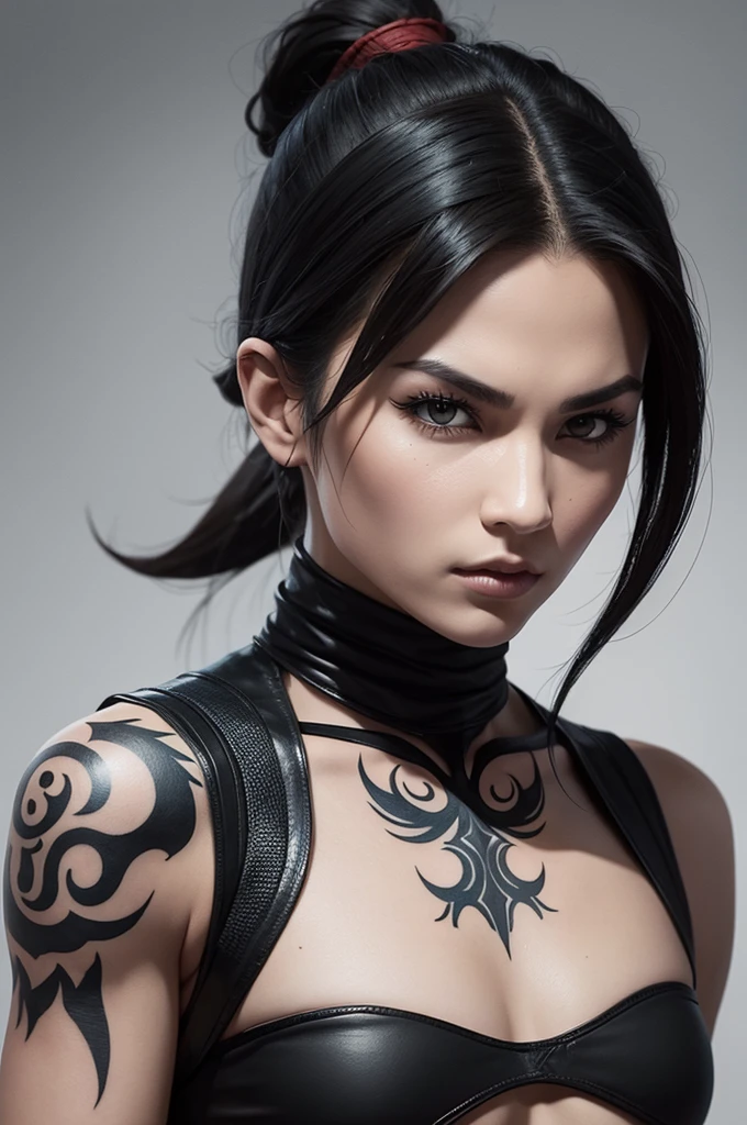 female, half cyborg half hawk face, black ink, tattoo, hyperrealism, hyper details ,ink