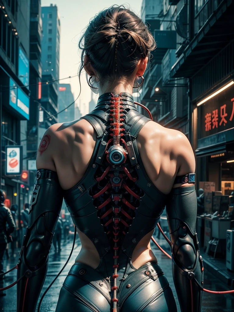 ((1 cyber girl)) (mechanically made limbs:1.2),((mechanical limbs)),(Blood vessels connected to tubes.),(mechanical vertebra attached to the back),((mechanical cervical fixation to the neck)),expressionless,(wires and cables that attach to the neck:1.2),(wires and cables in the head:1.2),(Character focus), (((masterpiece))), (((Best Quality))), ((ultra detailed)), (highly detailed CG illustration), ((an extremely delicate and beautiful)),cinematographic ,Science fiction,extremely detailed,showy,more detailed, Loongs,Fengs, cyberpunk city background.