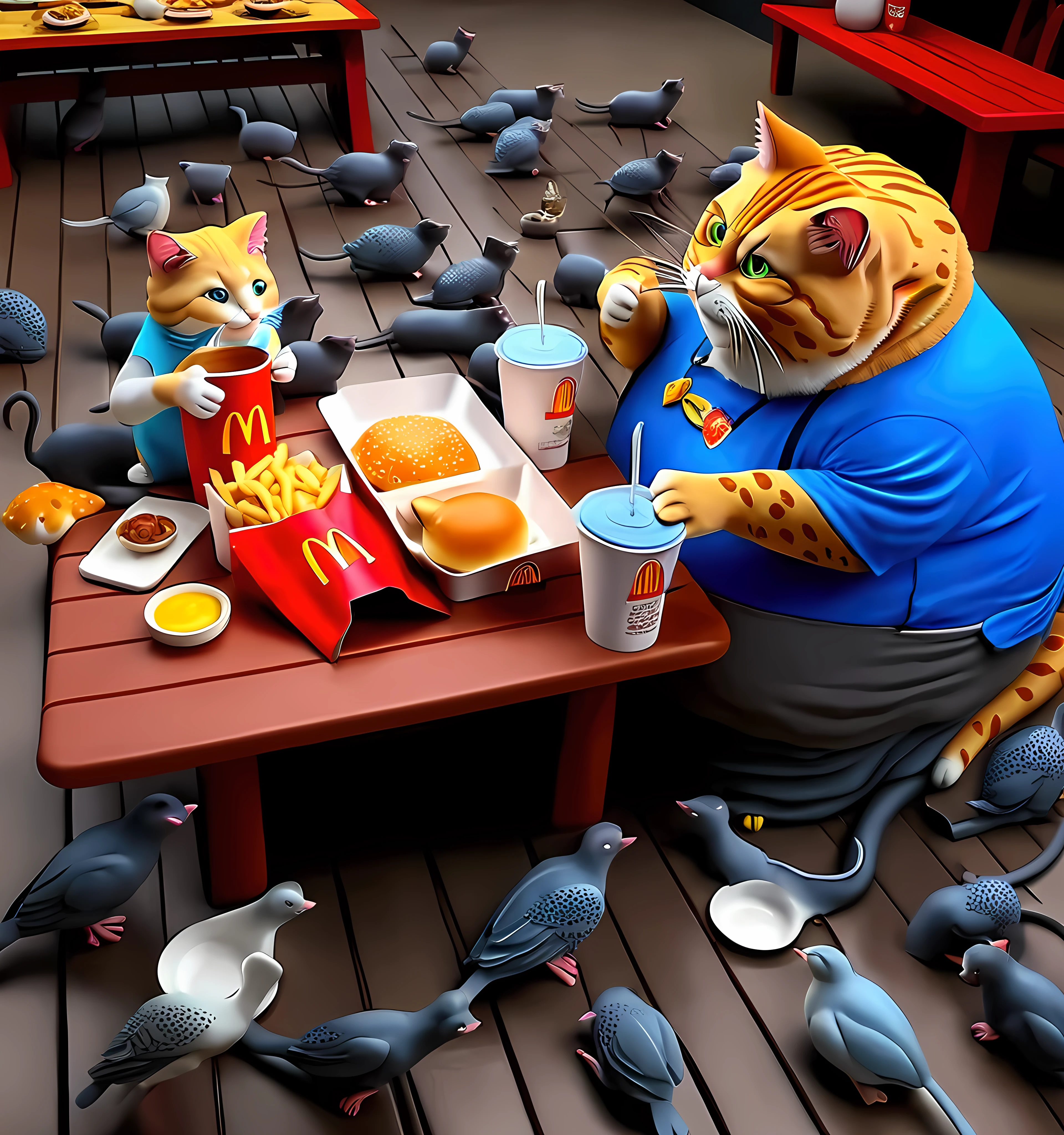 there are many pigeons and cats eating food on a table, Tom e Jerry da vida real, [ realisitic photo ]!!, ultra realisitic picture, a hyper realisitic, eating inside McDonalds, now at McDonald&#39;S, photoreal”, hyperrealisitic picture, fat cat, It&#39;s a deep dream, realisitic!, hyper - realisitic, hyper-realisitic, hyperrealisitic!, Super realisitic food picture