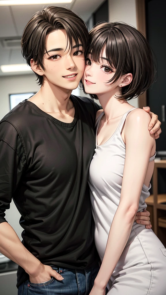 (Highest quality,Very detailed,High resolution:1.2),One adult male,Black Hair,The most beautiful young man in human history,(1 photo from the front),deep black eyes (deep black eyes:1.1),(Elaborate,wonderful) ,The smile when you meet your lover、smile、Smiling with teeth showing、jeans、A plain white T-shirt、Strong Body、manly、Sunburned skin、Shortcuts、Stocky physique、Confident expression、Very short hair、The bangs are swept to the side、Permed hair、Sharp eyes、Are standing、The background is pure white、looking at the camera、whole photo、to kiss