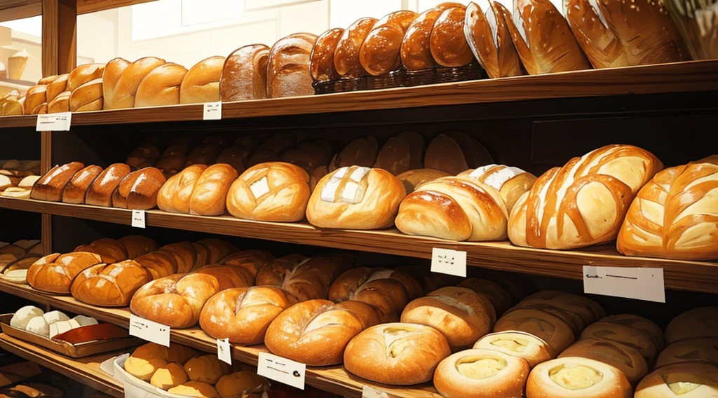 ((masterpiece)), ((best quality)), warmth, Rustic bakery scene,A variety of freshly baked bread and pastries are displayed on wooden shelves.
