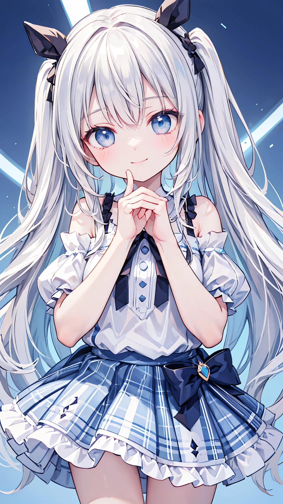 Highest quality,smile,woman,cute,Long Hair,Blonde,Light blue eyes,White off-the-shoulder tops,Checkered mini skirt,Light blue background,Touching your face with your hands,