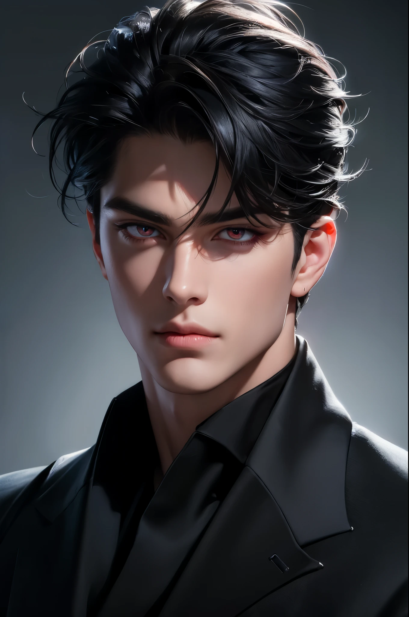 high quality, 8k, Ultra detailed, hdr, human only, studio light, Masterpiece, front of a face, Handsome face, Focus on your audience, black hair, azure big beautiful red eyes, evil eyes, handsome man, lclosed mouth, messy hair, dynamic pose realistic, detailed and correct facial structure, pomade hair style