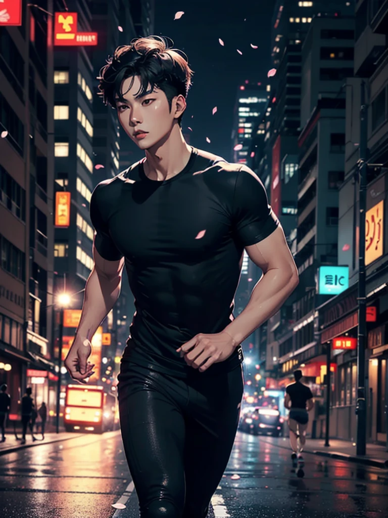 portrait of a 1 handsome korean man (25 year old) wearing a tight black tank top, front view, he is running on the street (smirk:0.65), (angry:0.3), cinematic shot on canon 5d ultra realistic, urban atmosphere, skyscrapers, night scene, sakura petals are flying over the background, short hair undercut, (extremely handsome:1.2)