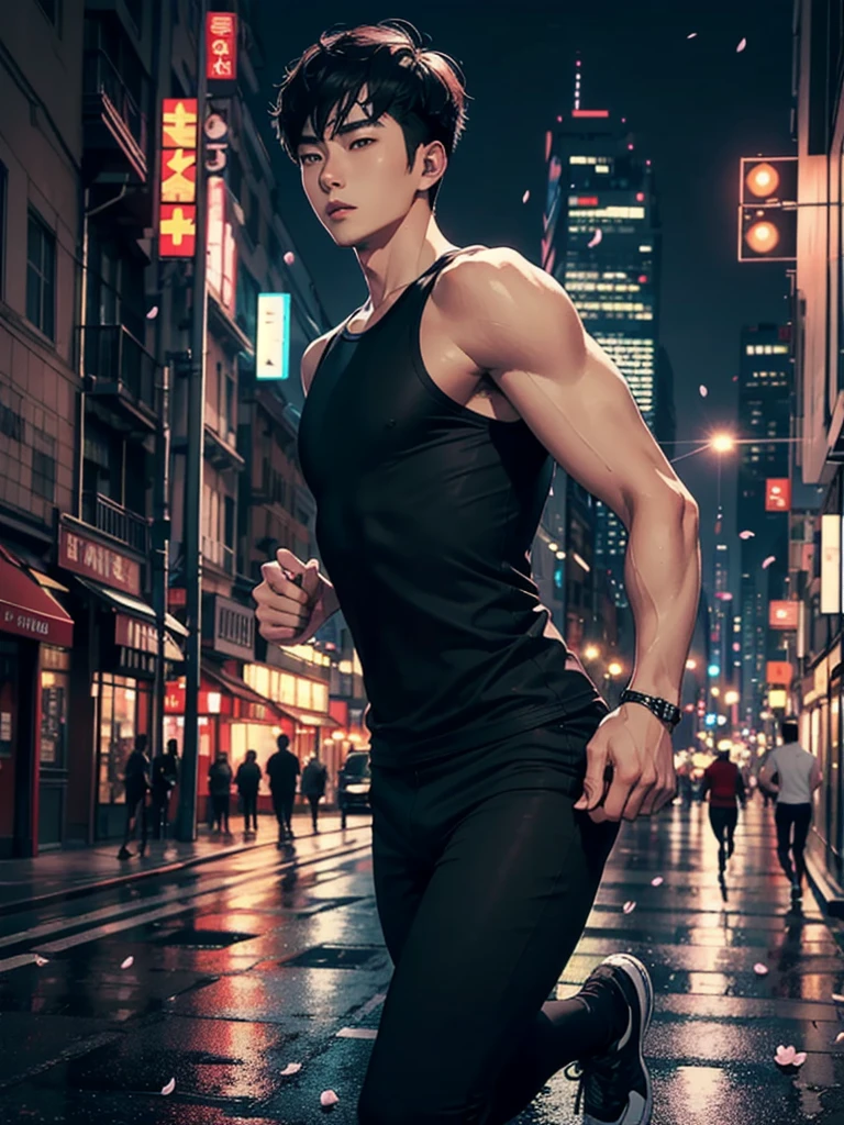 portrait of a 1 handsome korean man (25 year old) wearing a tight black tank top, front view, he is running on the street (smirk:0.65), (angry:0.3), cinematic shot on canon 5d ultra realistic, urban atmosphere, skyscrapers, night scene, sakura petals are flying over the background, short hair undercut, (extremely handsome:1.2)