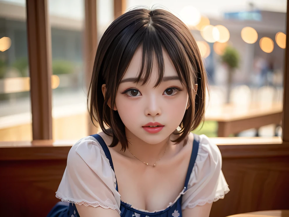 Highest quality, masterpiece, Ultra-high resolution, 8k, RAW Photos, Realistic, Anatomically correct:1.5), 20-year-old girl:1.2, Embarrassing, avert your eyes, blush:1.0, View Viewer, ((bar)) 、Large windows、Night view、 Light:1.2, Bokeh, Cinema Lighting:1.0, sharp、 Cute Face、Idol、Short sleeve tulle top、Tulle skirt、Navy blue clothes、”dwarf”、(Floral clothes)、(Full Body Shot)、Side angle、Cowboy Shot、、 smile、((Ultra short hair、Berry Short))、(Straight bangs)、(( One Girl))、(Waist)、(I can see your thighs)、(Accurate depiction)、((Fuller lips)),Large Breasts、