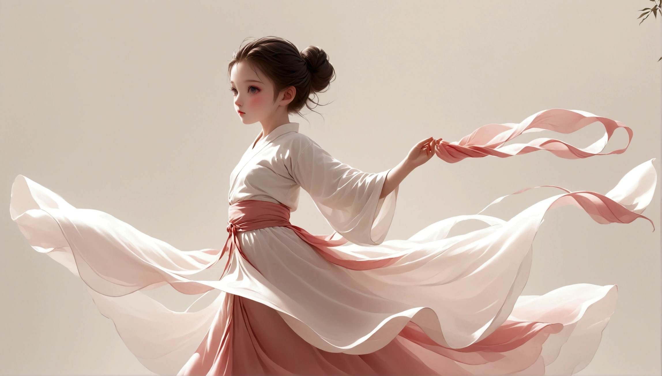 Dance photography;A dancer,Solitary;A little girl in a gorgeous long dress,Princess dress,Chinese style skirt,pink,Conservative style,Smudged skirt hem;The movements of the dance;Long hair shawl。Full body view,front; Simple style;Minimalism。White background,Pure white background;Panoramic photography;Depth of Field, Extraordinary details, masterpiece, high quality, 4K,