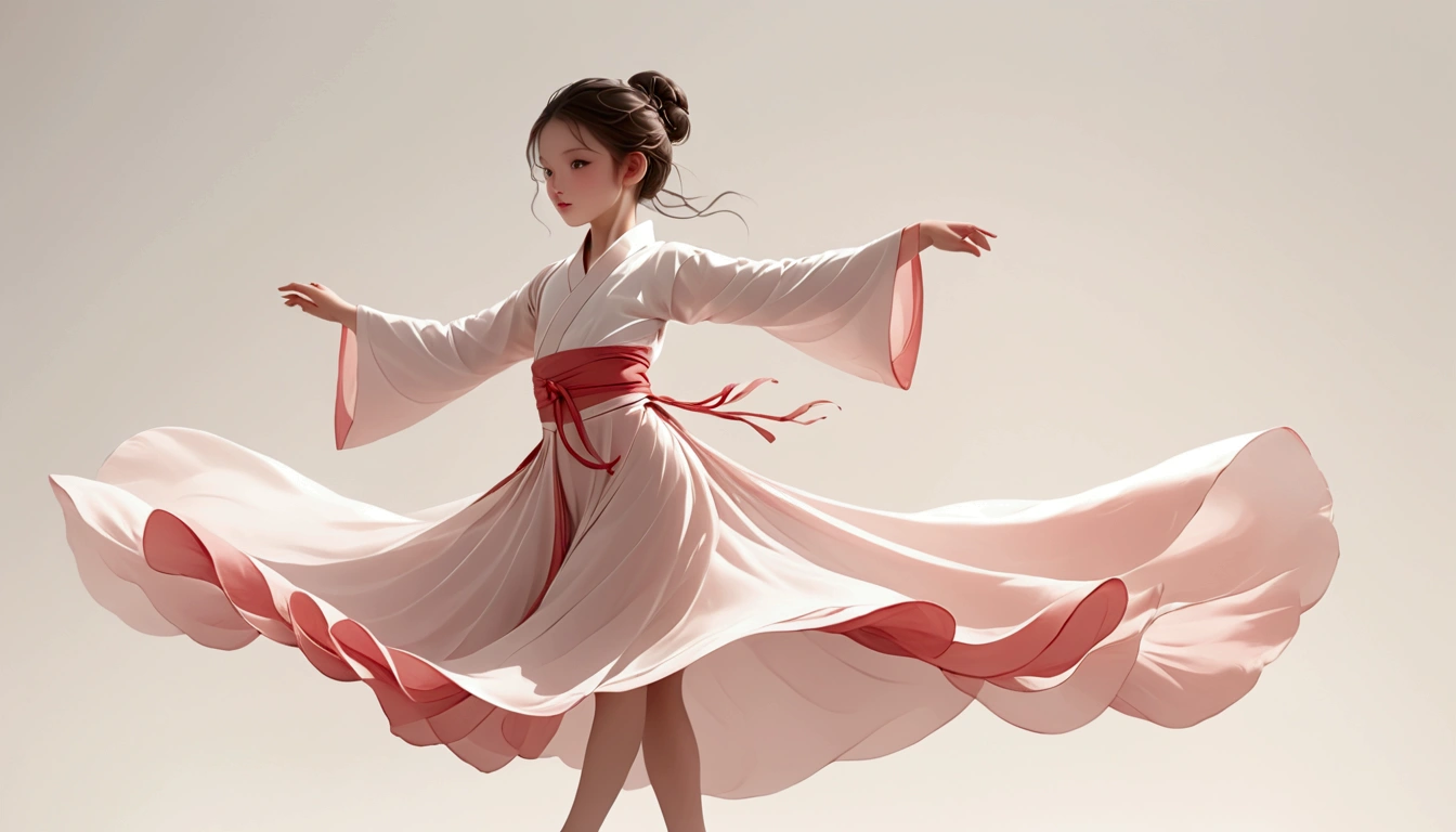 Dance photography;A dancer,Solitary;A little girl in a gorgeous long dress,Princess dress,Chinese style skirt,pink,Conservative style,Smudged skirt hem;The movements of the dance;Long hair shawl。Full body view,front; Simple style;Minimalism。White background,Pure white background;Panoramic photography;Depth of Field, Extraordinary details, masterpiece, high quality, 4K,
