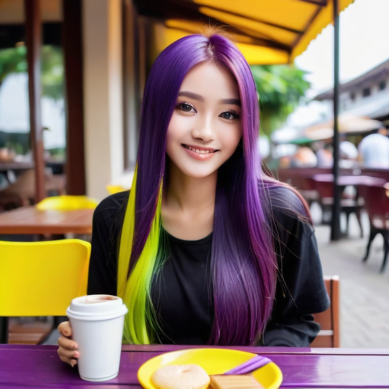 A cute young Indonesian woman with sleek straight hair, very long hair to the waist, vibrant purple and neon yellow haircolor, sitting at the outdoor cafe, with a cup of coffee and snacks on the table. view from behind, she turn slightly with little smile. showing her very long straight hair.
