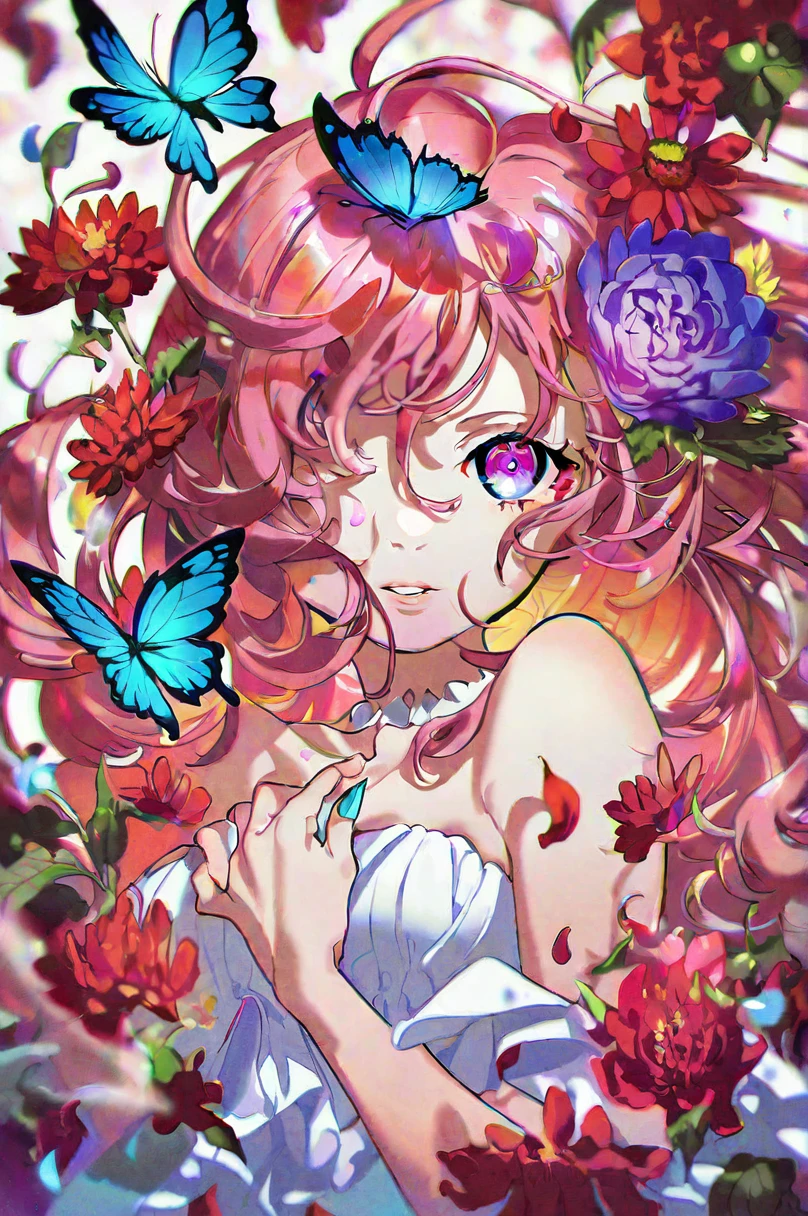 best quality, aesthetic, detailed, by yoneyama mai, colorful, 1girl, solo, upper body, looking at viewer, parted lips, multicolored eyes, pink eyes, one eye covered, flower over eye, eyelashes, long hair, pink hair, red hair, floating hair, multicolored hair, hair flower, hair ornament, bangs, breasts, white dress, dress, bare shoulders, fingernails, nail polish, flower, butterfly, bug, blue butterfly, blue flower, red flower, purple flower, strapless, petals