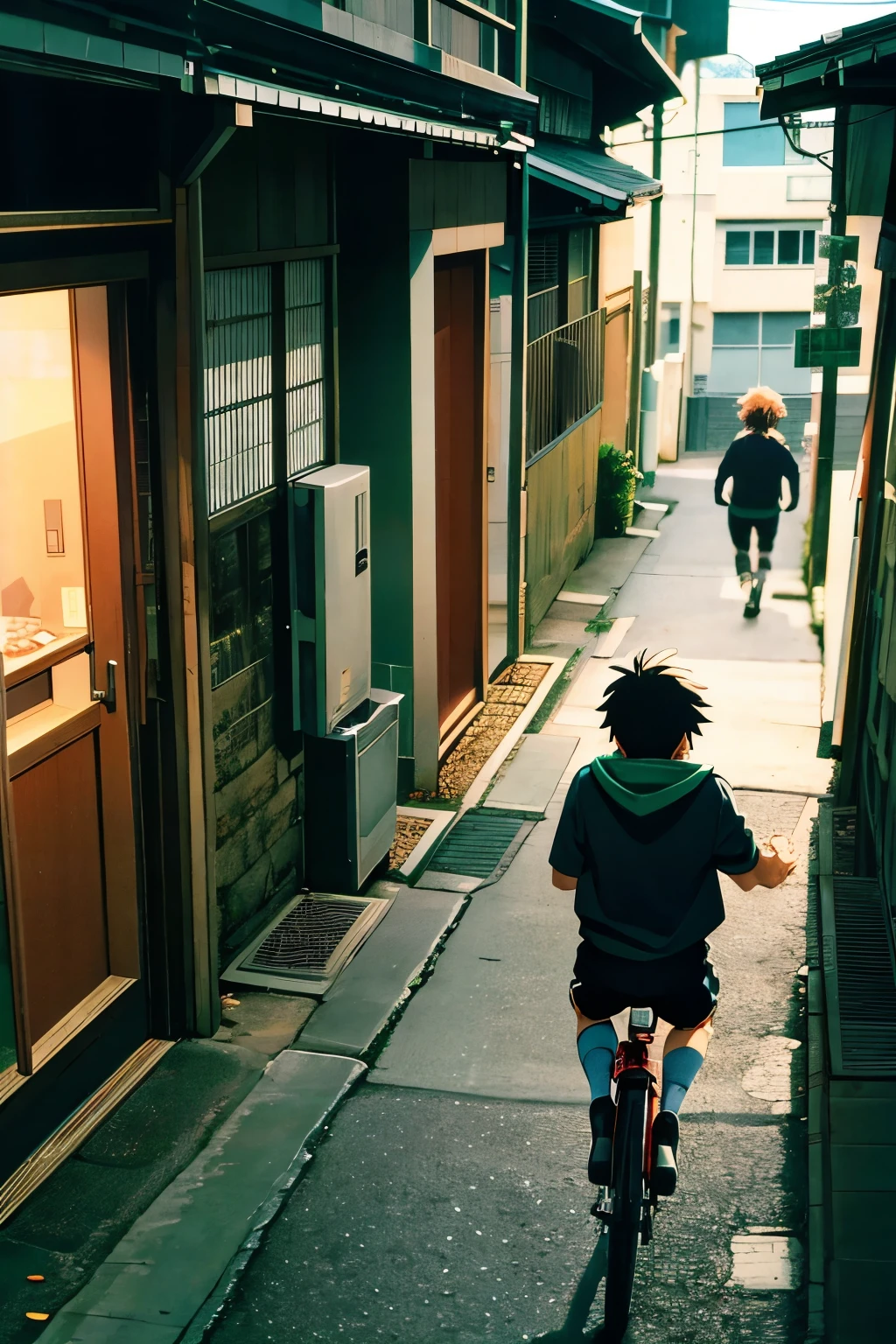In the scan of a Shonen Jump manga page, the panels vividly depict a lively gathering of Japanese street kids. The scenes unfold as they joyfully engage in conversation and shared laughter while riding their bikes. The backdrop is a dimly lit, narrow alleyway nestled close to a bustling road, adding an element of urban realism to the narrative. The kids' youthful energy and camaraderie shine brightly against the gritty backdrop, celebrating their spirit of and friendship.