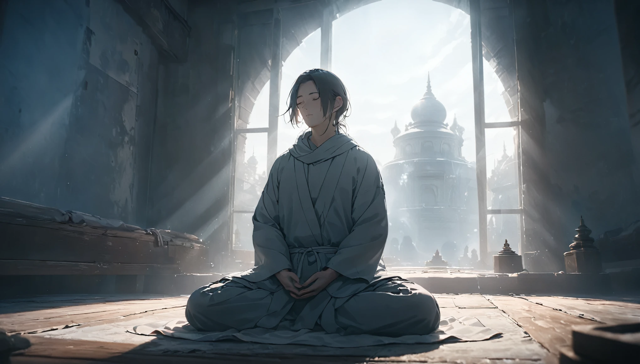 Person meditating on a clear day. Loose Clothes. cinematic lighting