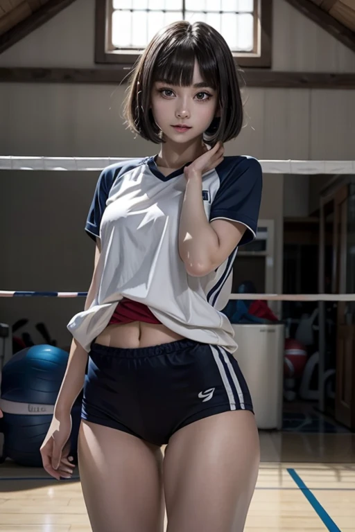 Highest quality、In 8K、masterpiece、Hmph、Ultra-high resolution、RAW Photos、(Photorealistic:1.3)、Natural soft light、(Depth of written boundary)、Slender、(whole body:1.2)、From behind、Detailed face and eyes、Realistic students、Sharp pupils、Inside the gym、(Dynamic action poses、play volleyball)、Beautiful Face、Beautiful  girl、Japanese doll girl、Glowing Skin、Bobcut、Beautiful black hair、Blunt bangs、Red Eye、(blush:0.7)、Sweat、Volleyball Uniforms、(Thighs Thighs Thighs Thighs:0.8)、Hips