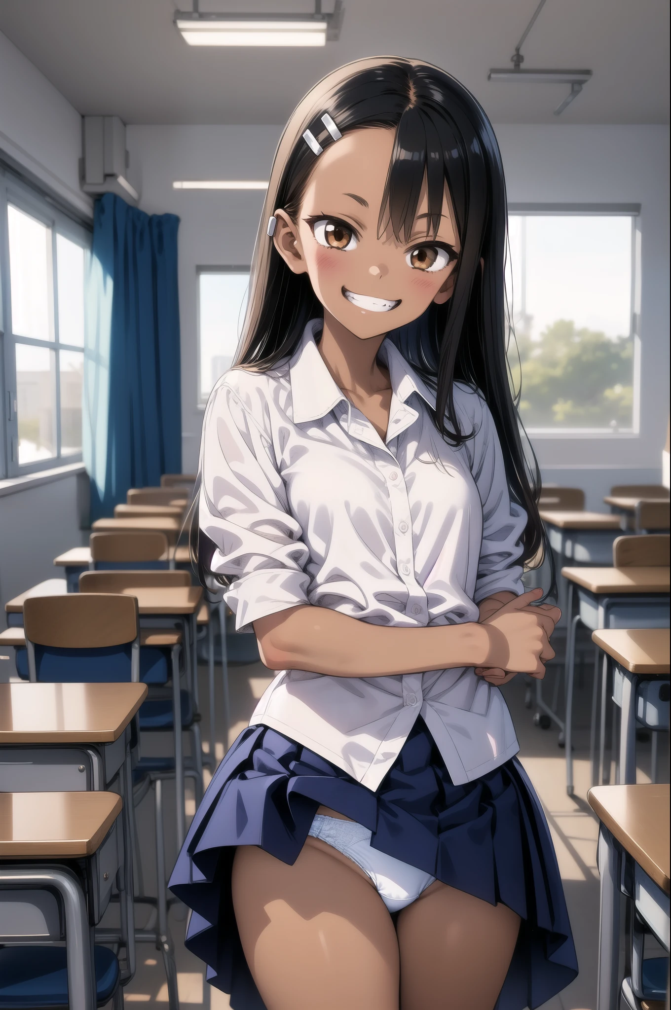 One girl, Cowboy Shot, Grin, classroom, fighting sSunburnce,
Nagatoro_Hayase, Brown eyes, Black Hair, Long Hair, Dark Skin, Dark skinned women, Sunburn, Sunburnlines, Hair Clip, , White shirt, Collared shirt, Pleated skirt, Highest quality, masterpiece, High resolution, (panties), (bra), (In underwear), (Flashy underwear), (lingerie),