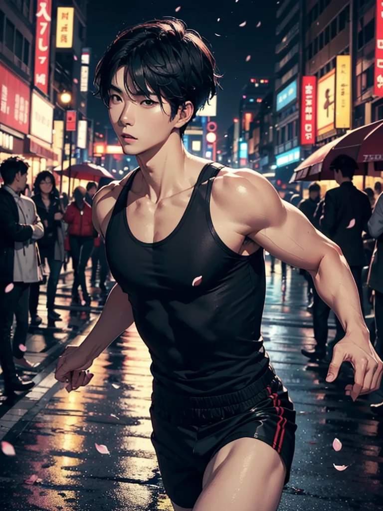 portrait of a 1 handsome korean man (28 year old) wearing a tight black tank top, front view, he is running on the street (smirk:0.65), (angry:0.3), cinematic shot on canon 5d ultra realistic, urban atmosphere, skyscrapers, night scene, sakura petals are flying over the background, short hair undercut, (extremely handsome:1.2)