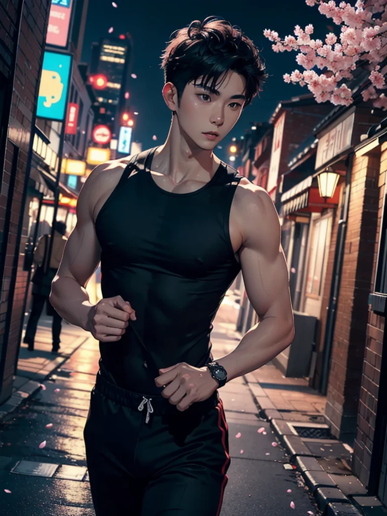 portrait of a 1 handsome korean man (25 year old) wearing a tight black tank top, front view, he is running on the street (smirk:0.65), (angry:0.3), cinematic shot on canon 5d ultra realistic, urban atmosphere, skyscrapers, night scene, sakura petals are flying over the background, short hair undercut, (extremely handsome:1.2)