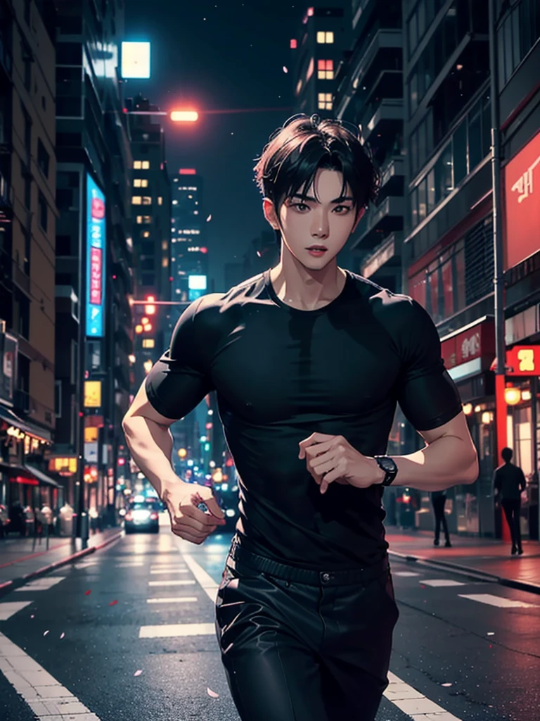 portrait of a 1 handsome korean man (25 year old) wearing a tight black tank top, front view, he is running on the street (smirk:0.65), (angry:0.3), cinematic shot on canon 5d ultra realistic, urban atmosphere, skyscrapers, night scene, sakura petals are flying over the background, short hair undercut, (extremely handsome:1.2)